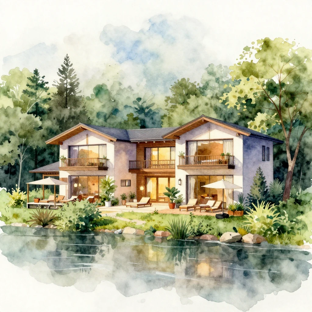 A vibrant watercolor painting of a modern resort building ne...