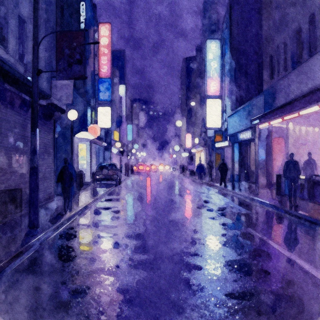 Watercolor painting focusing on vibrant neon lights reflecti...