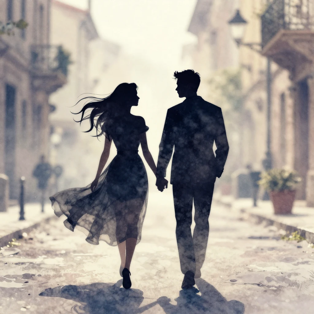 A silhouette of a couple, elegant and graceful, with flowing...