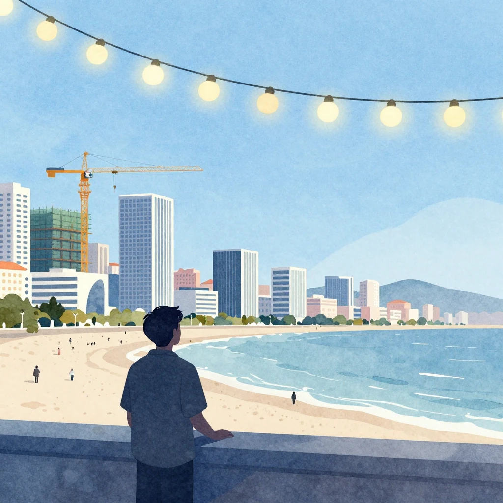 Watercolor illustration of a peaceful coastal city with mode...
