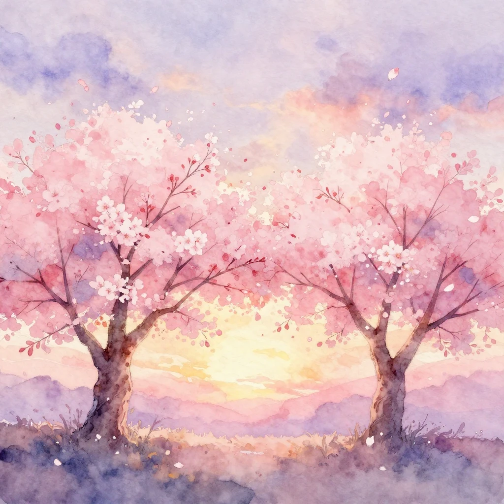 A soft watercolor painting of two intertwined cherry blossom...