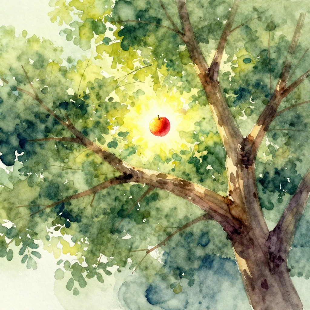 A vibrant watercolor painting showing a distant, glowing fru...
