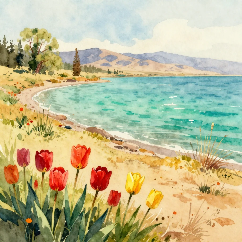 A vibrant watercolor painting of the Balkhash spring landsca...