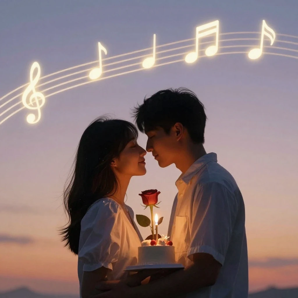 A couple sharing a tender moment under a sky filled with sof...