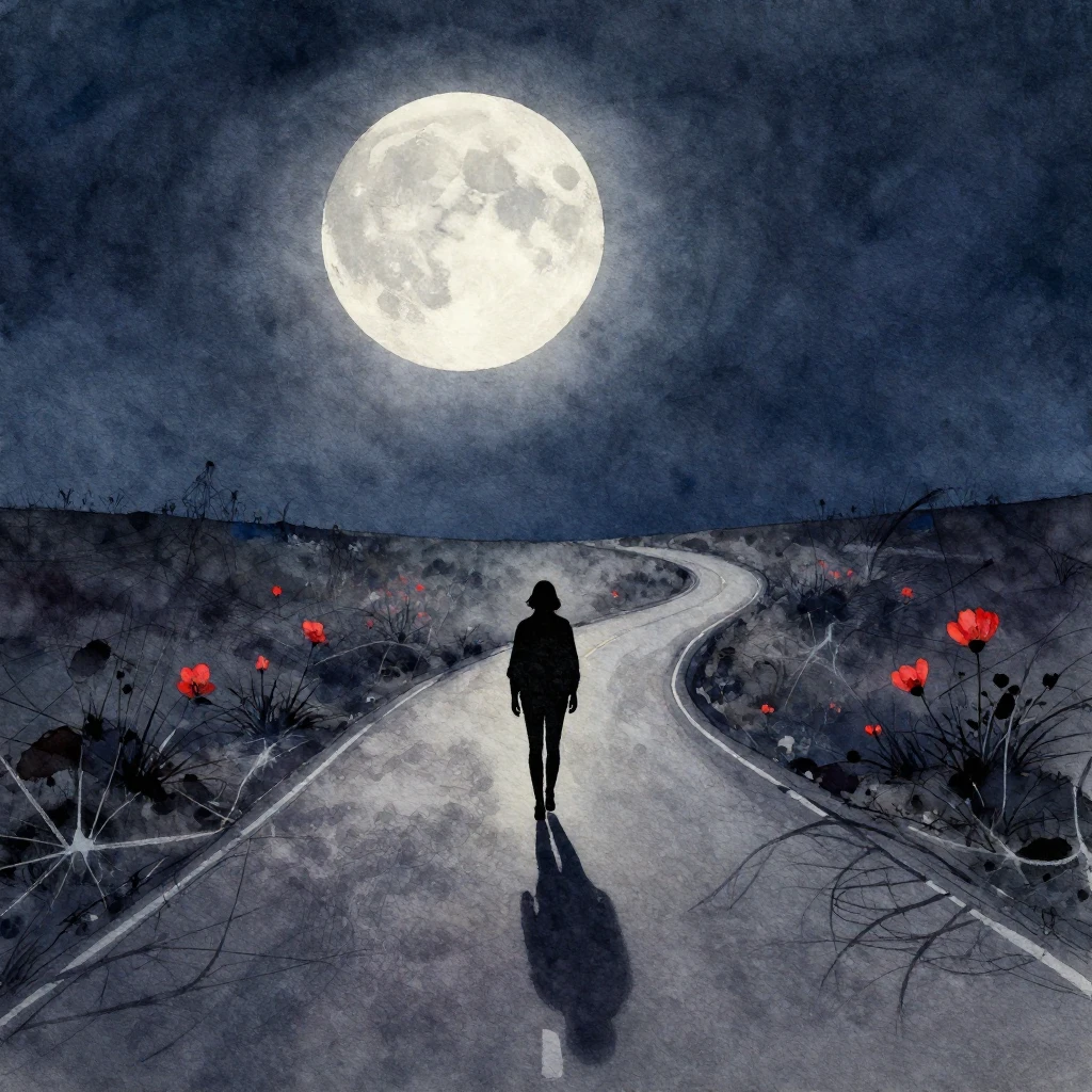 A lone silhouette of a figure walking on a desolate, winding...