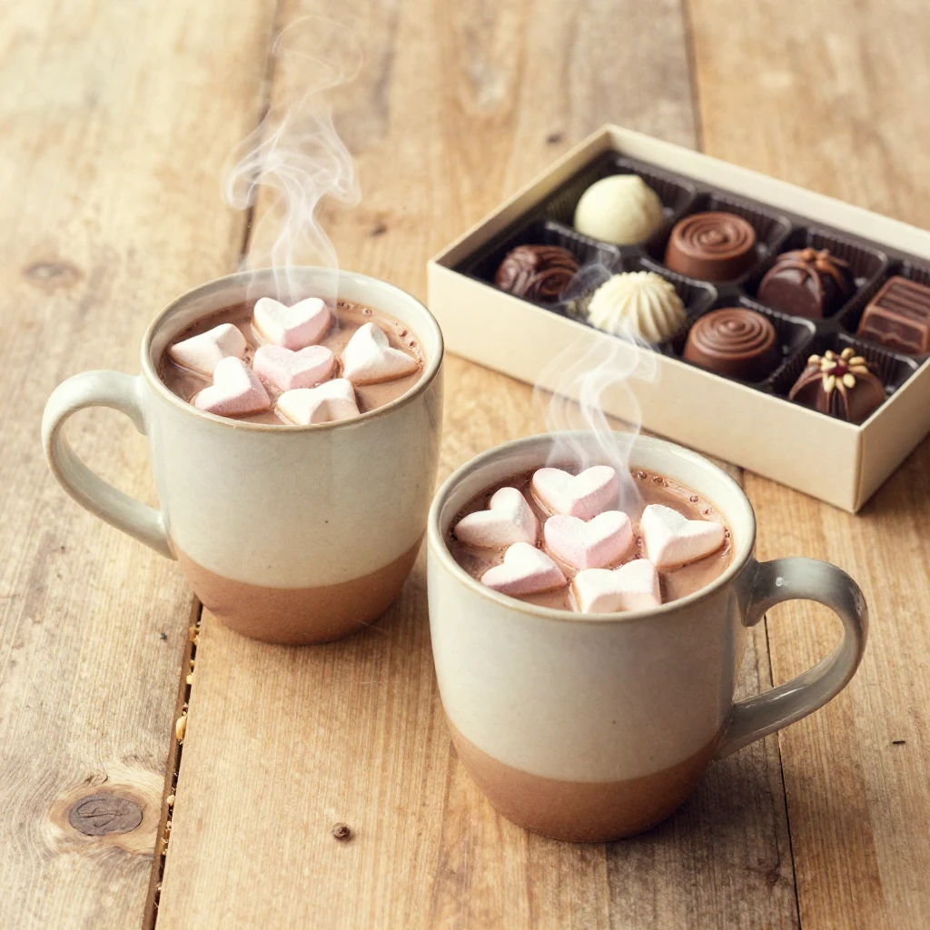 Two steaming ceramic mugs of hot cocoa topped with tiny hear...