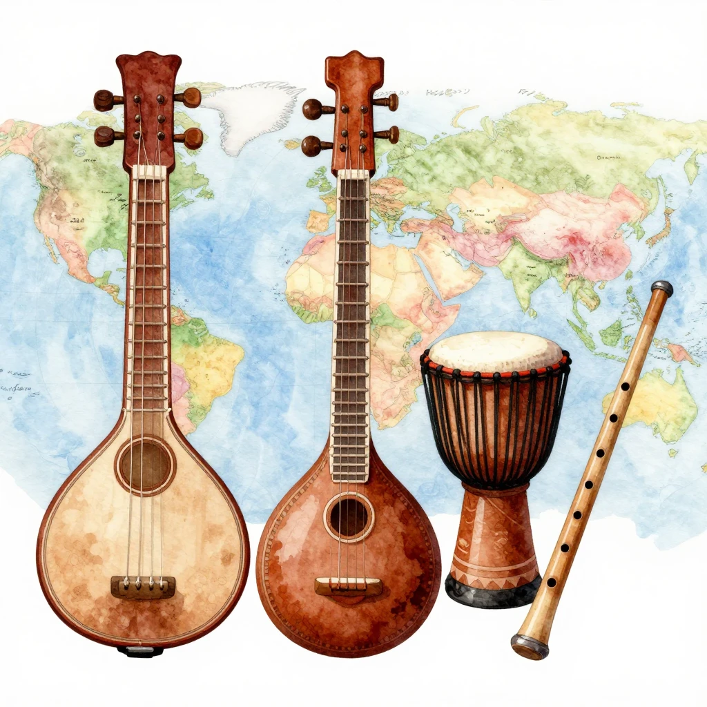 A watercolor illustration of traditional musical instruments...