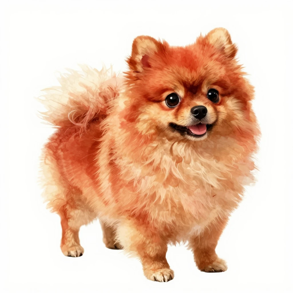 A cute fluffy red Pomeranian dog, watercolor style, vibrant ...