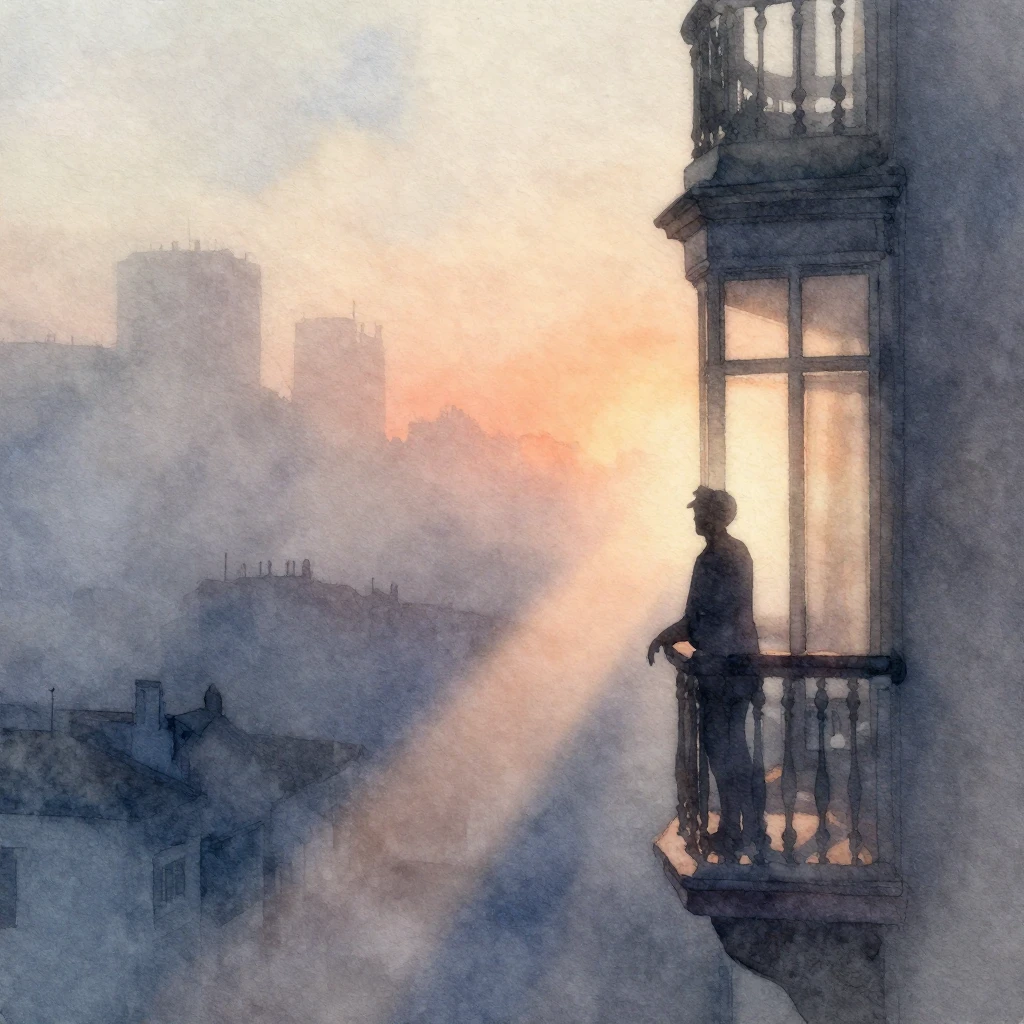 Vibrant watercolor style. Foggy city at dawn, sun rays pierc...