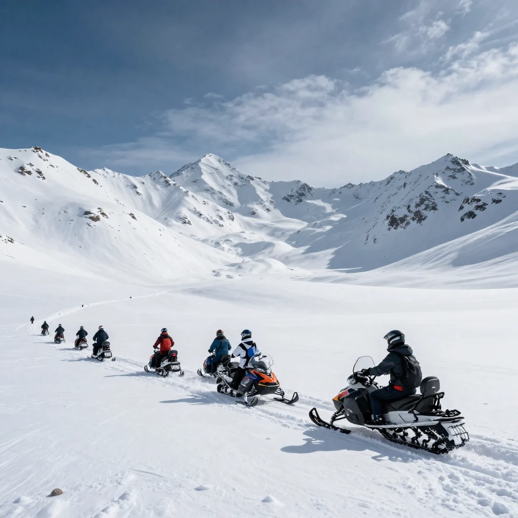 A small group of explorers on snowmobiles or skis, making th...