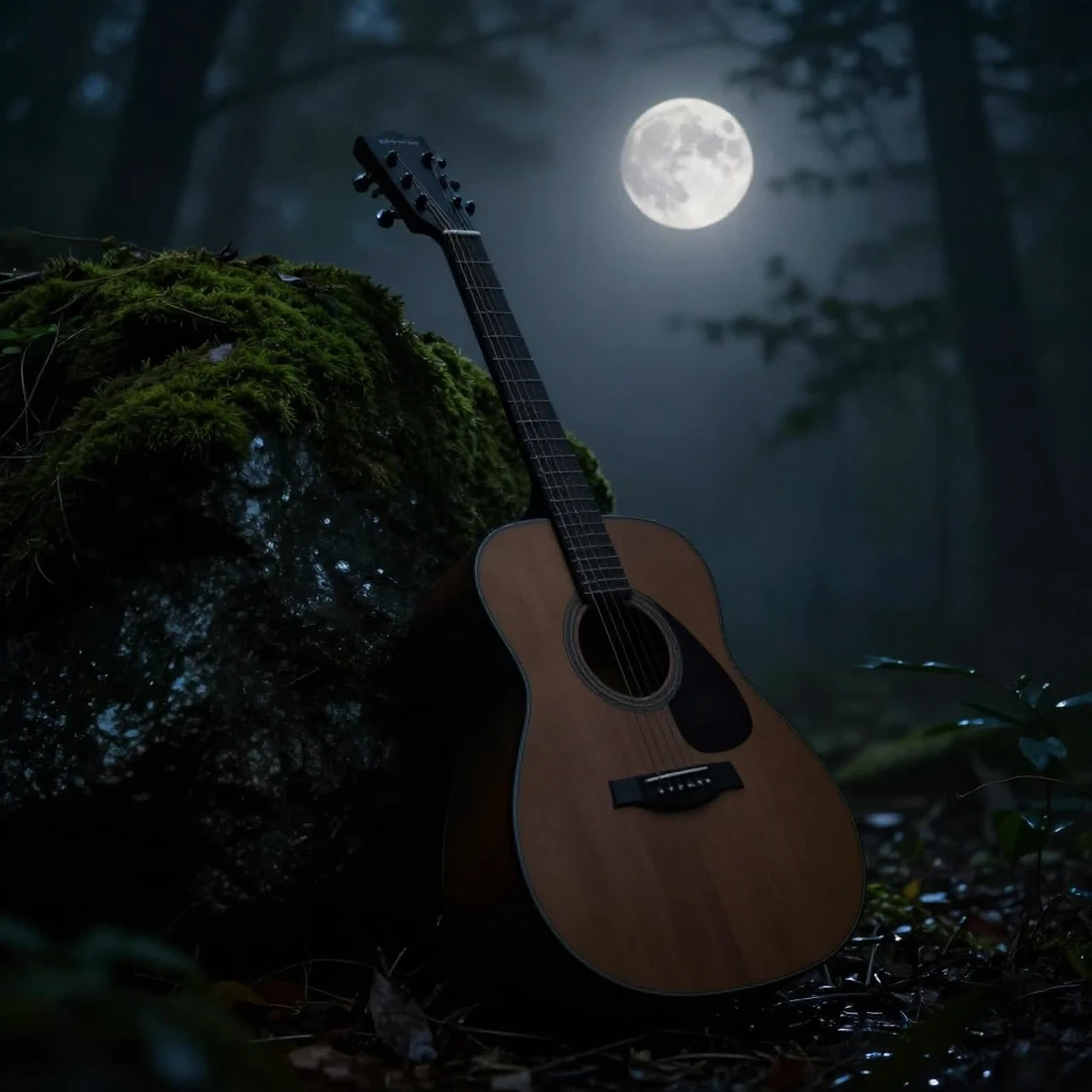 A solitary acoustic guitar, silhouetted, leaning against a m...