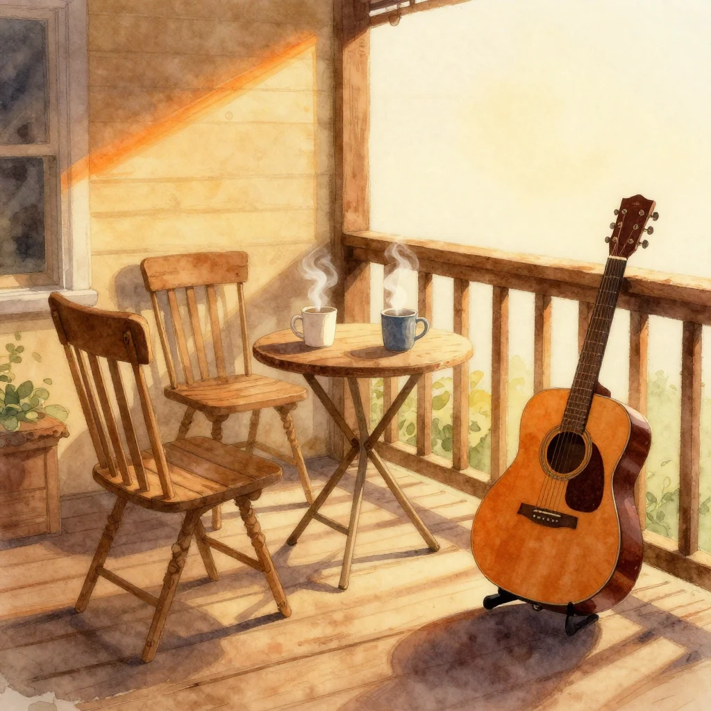 A cozy wooden porch at golden hour, featuring two empty chai...