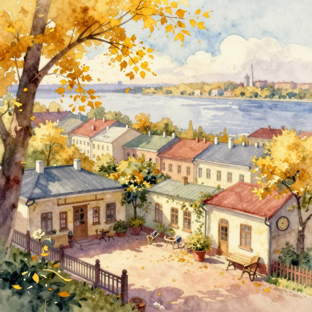 Vibrant watercolor style. Samara cityscape, golden leaves, c...
