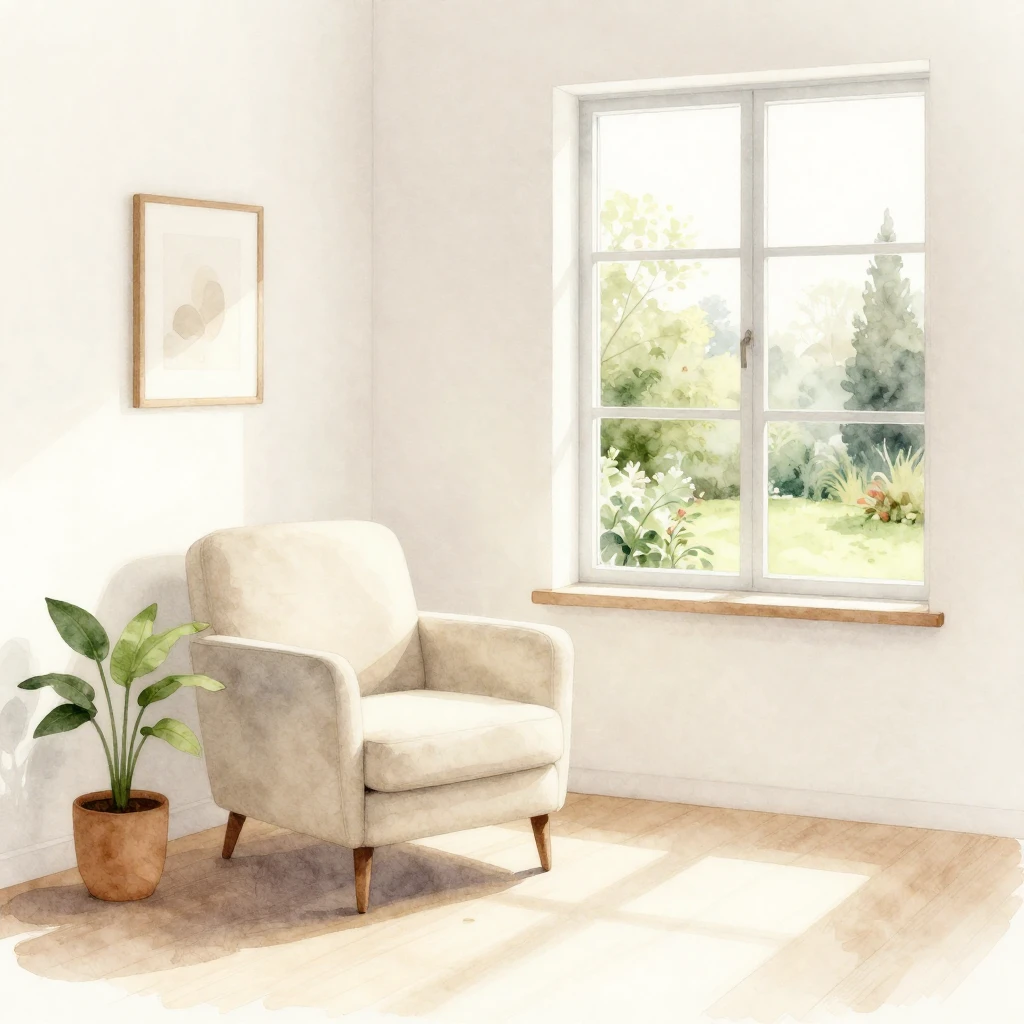 A watercolor illustration of a minimalist living room with s...