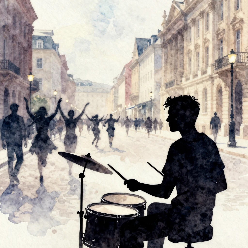 Watercolor style. Silhouette of a drummer on a grand histori...