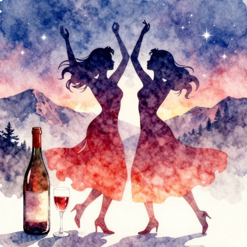 Vibrant watercolor style. A stylized silhouette of two women...