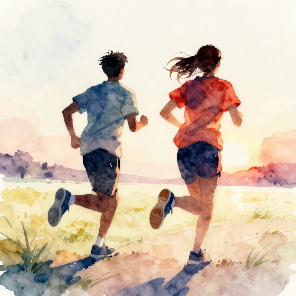 A dynamic watercolor illustration of a couple in motion, run...