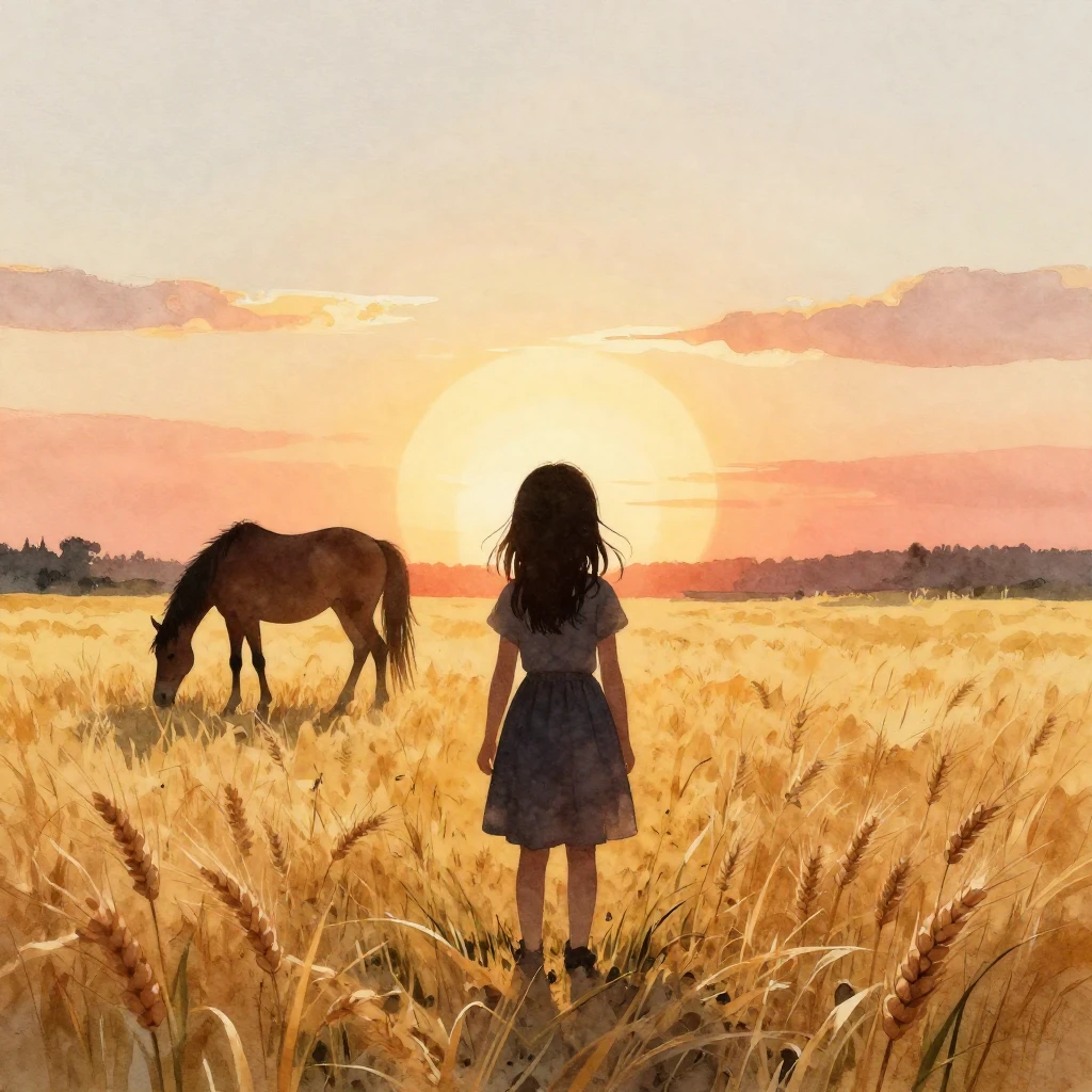 A watercolor silhouette of a young girl standing in a vast g...