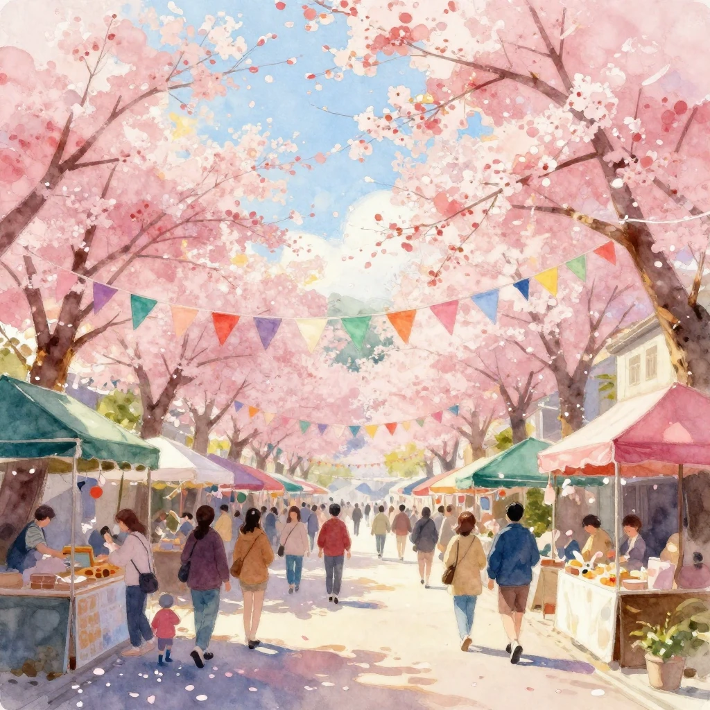 A dreamy watercolor painting depicting a lively cherry bloss...