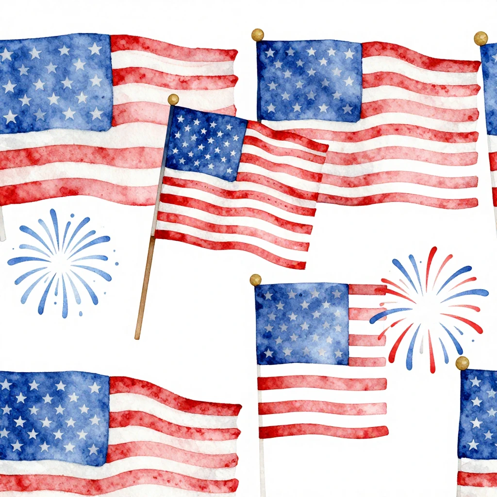 A watercolor vector illustration featuring stylized patrioti...