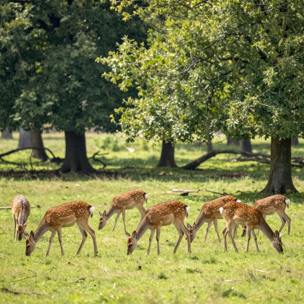 A herd of deer grazing calmly in a sun-dappled meadow surrou...