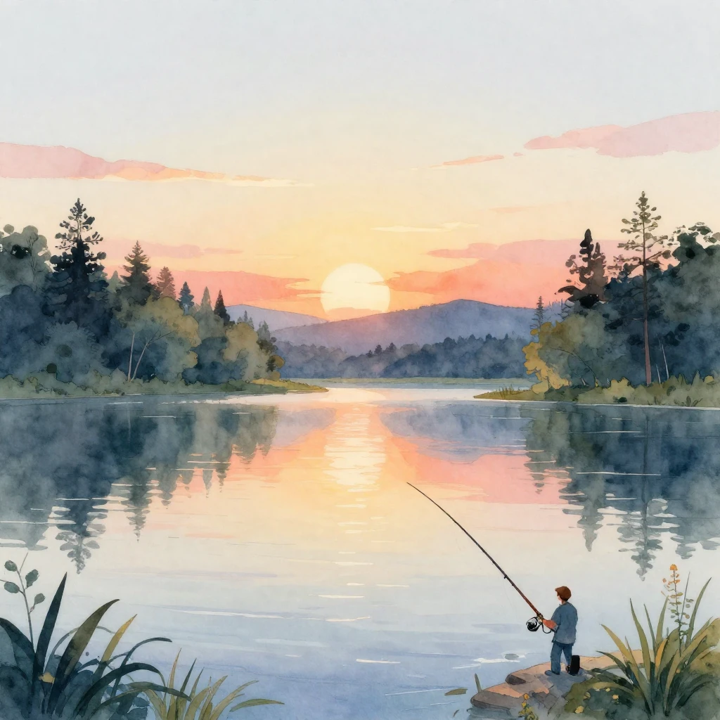 Vibrant watercolor illustration featuring a serene fishing t...