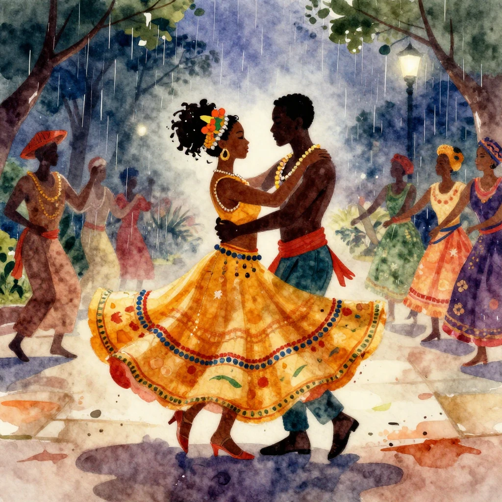 A vibrant watercolor painting illustrating an Afro-Cuban dan...