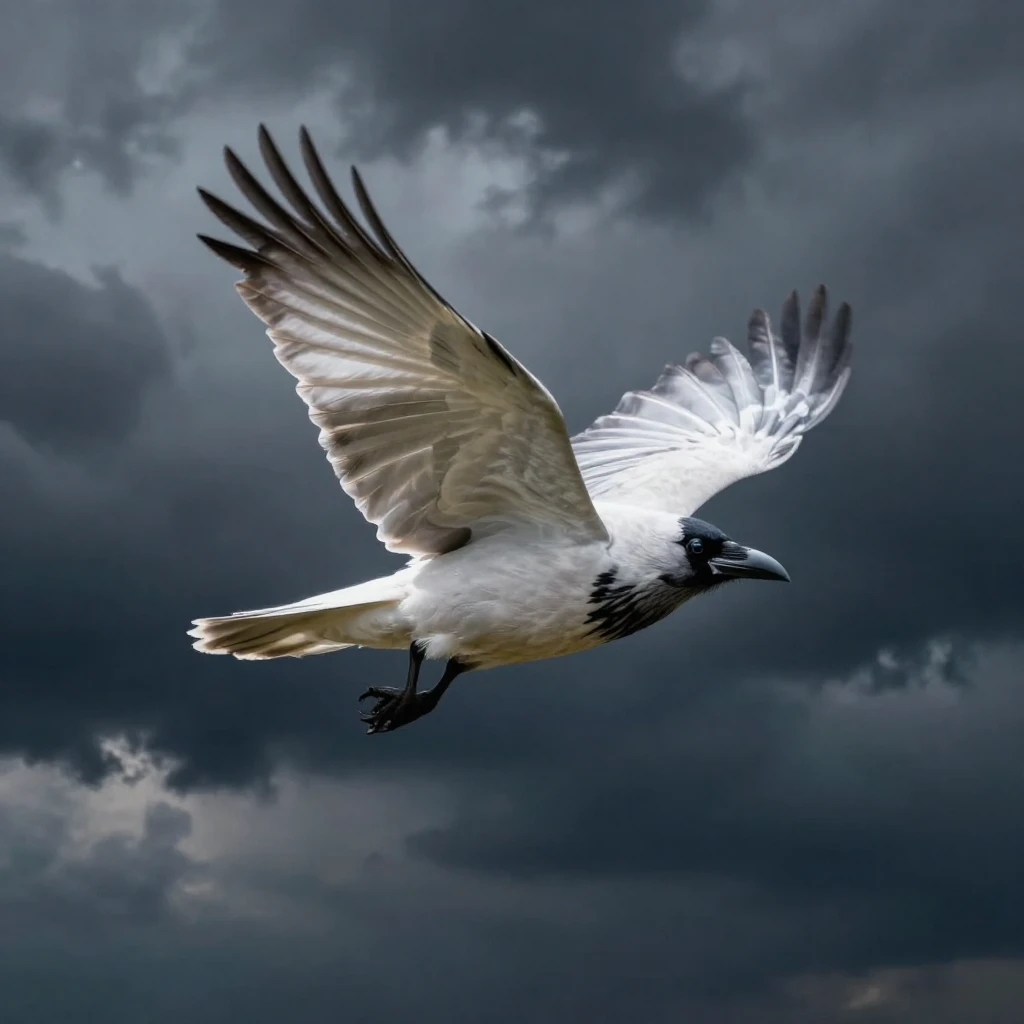 A majestic white crow, with subtle glowing feathers, flying ...