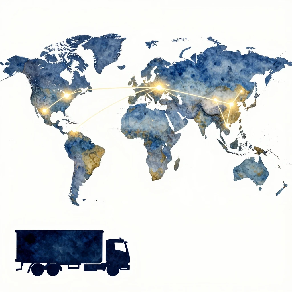 Watercolor style. A stylized map of supply chain routes acro...