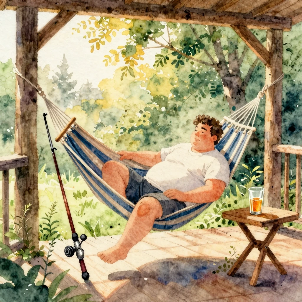 Vibrant watercolor style. A cozy, slightly overweight male s...