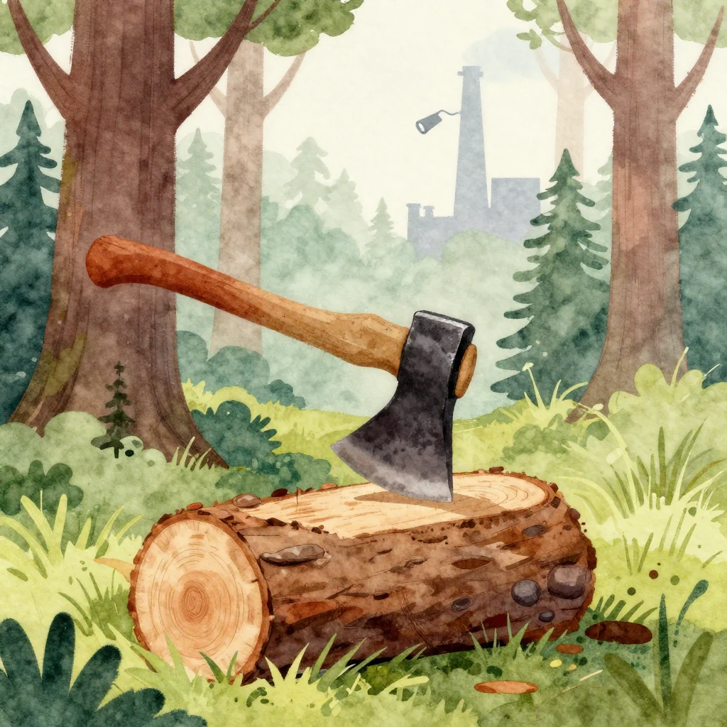 A vibrant watercolor illustration of a rustic forest scene. ...