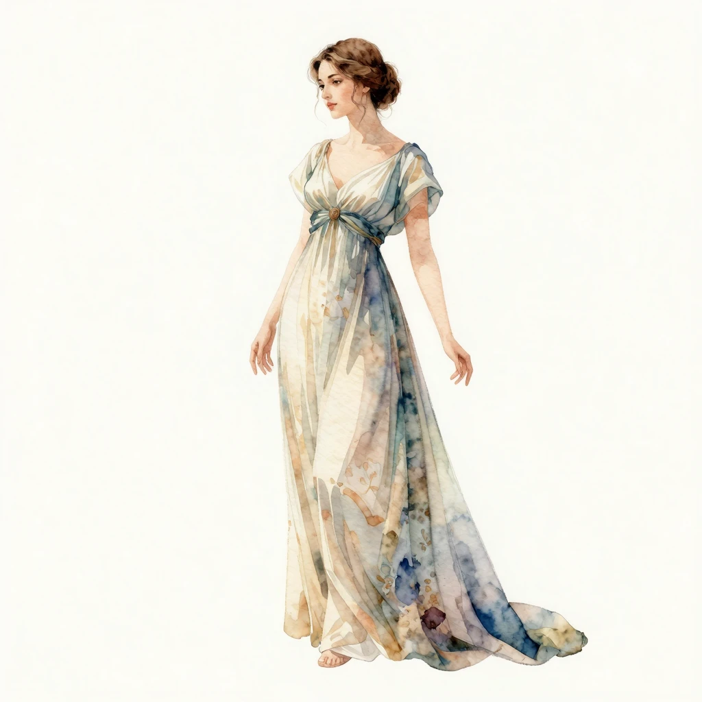 Watercolor style. A woman in a classical long dress, elegant...