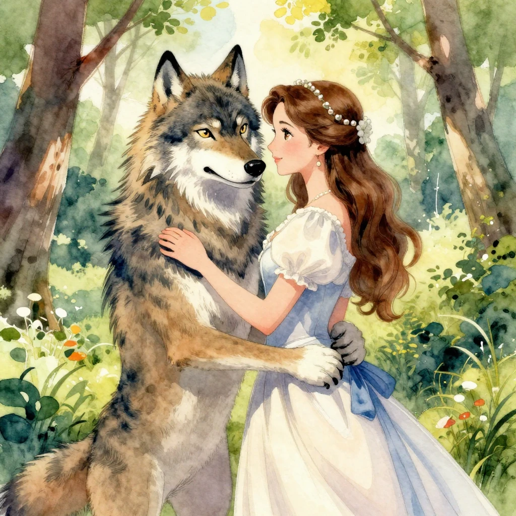 A tender embrace between a furry wolf-man with kind eyes and...