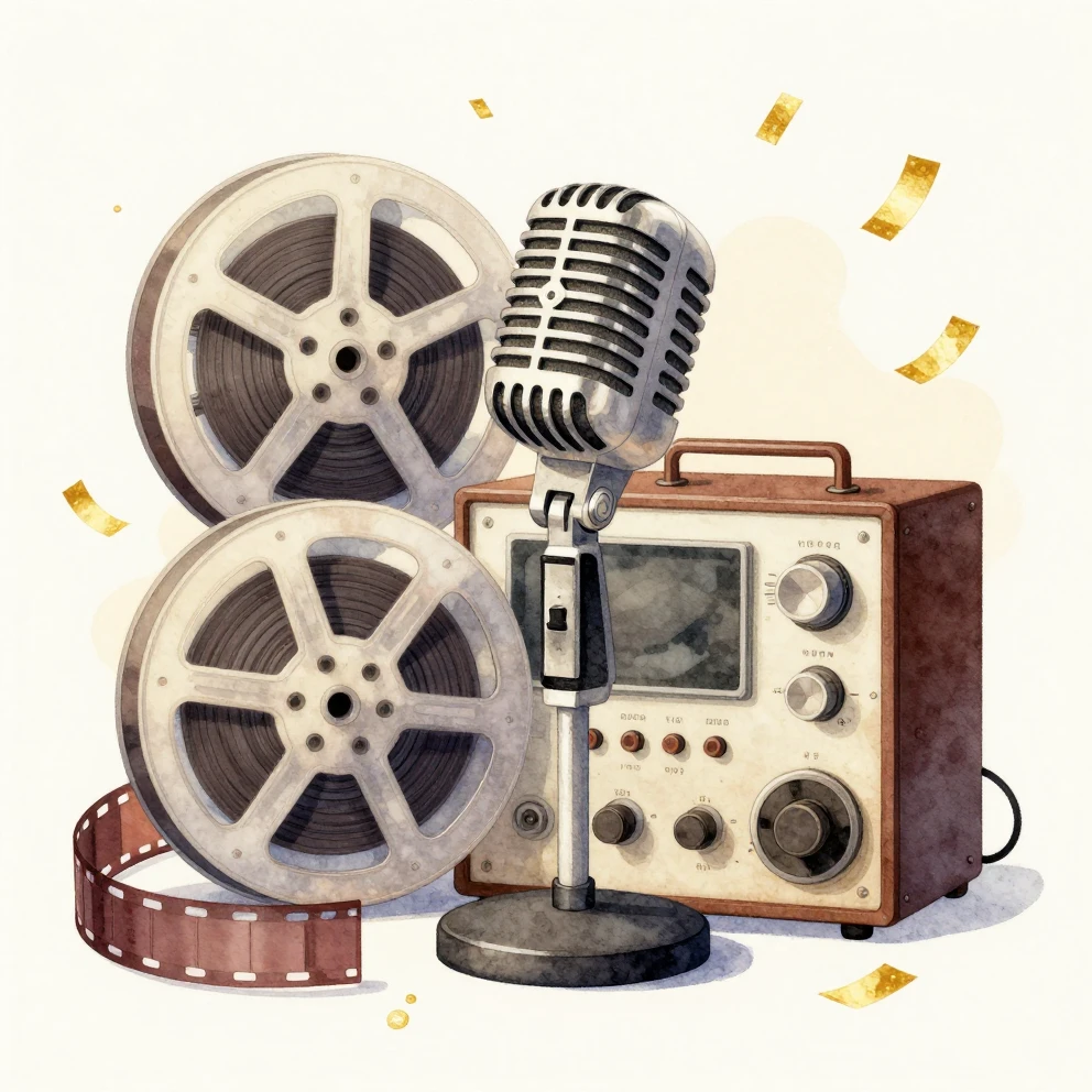 Watercolor style illustration of vintage film rolls with cin...