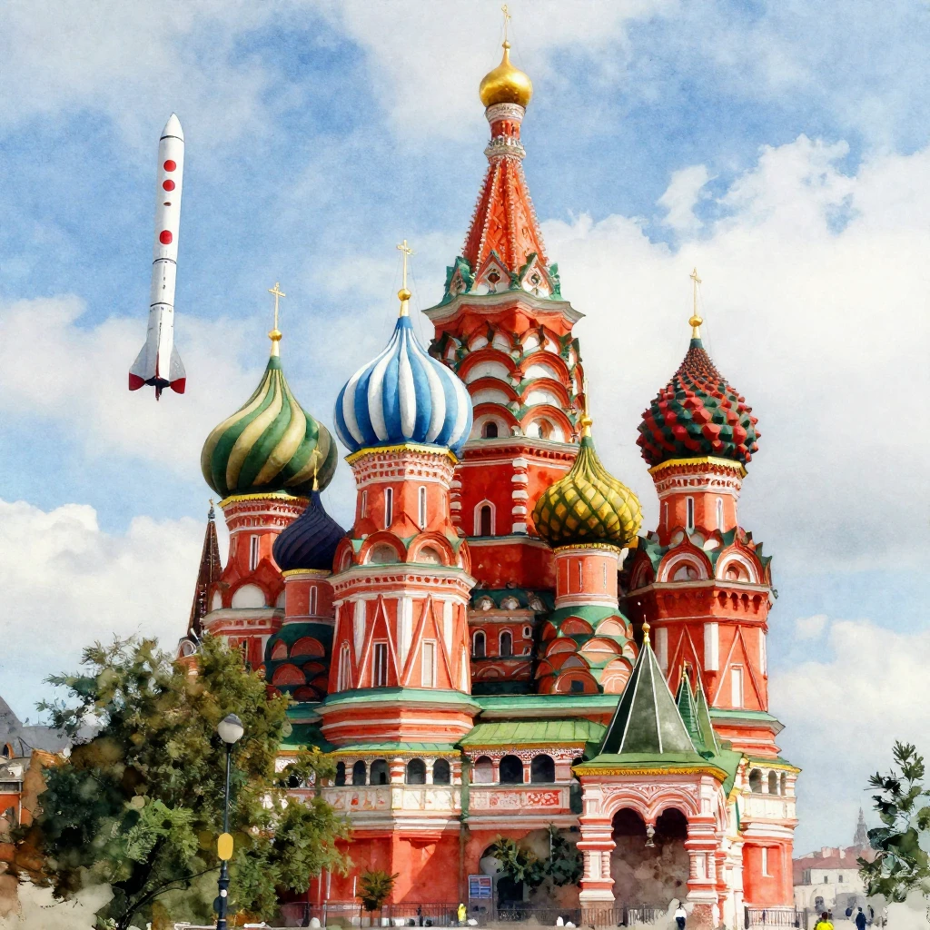 Vibrant watercolor style, iconic Moscow landmarks like St. B...