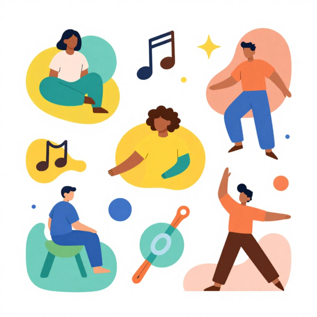 A vibrant, cheerful illustration with abstract shapes and br...