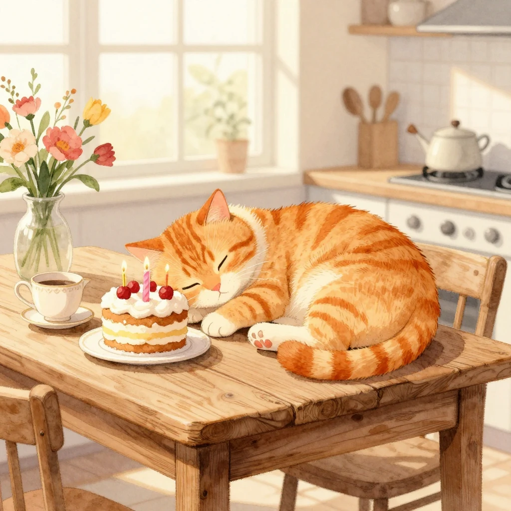 Watercolor style illustration of a cute orange tabby cat sle...