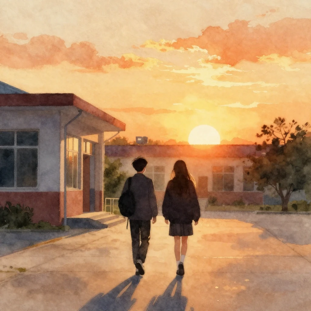A watercolor painting of two teenage silhouettes walking awa...