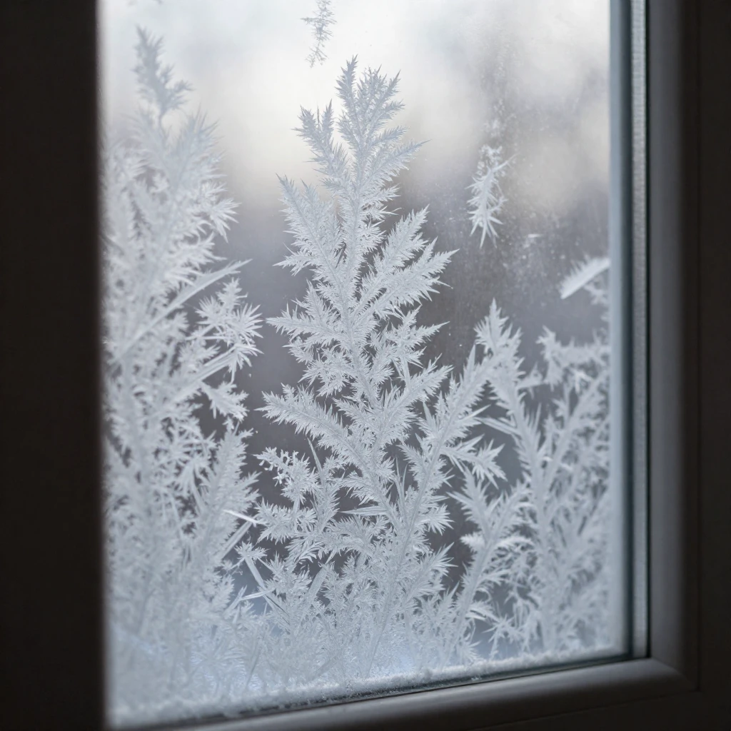 A window with delicate frost patterns, a soft, diffused ligh...