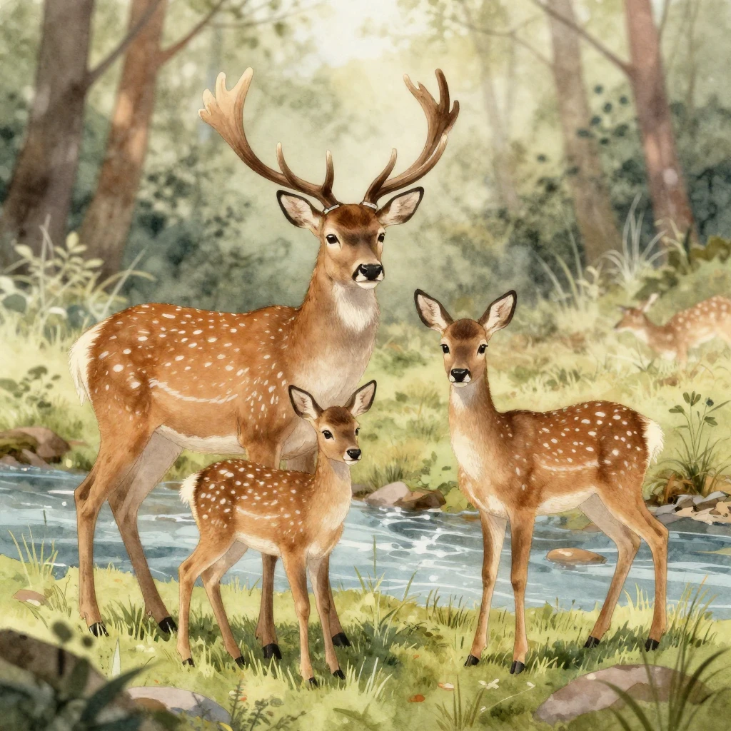 A gentle watercolor illustration depicting a family of deer,...