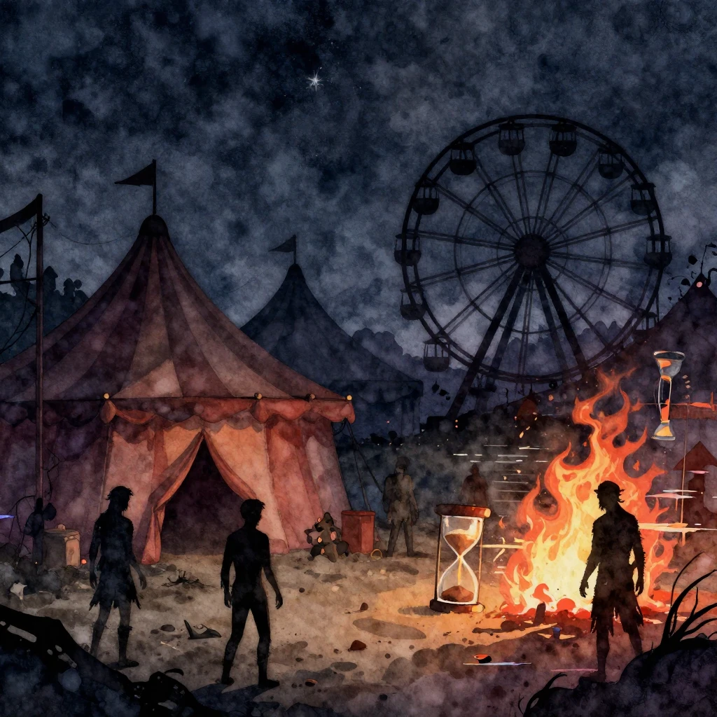 A watercolor style image of a dark carnival at night, with s...