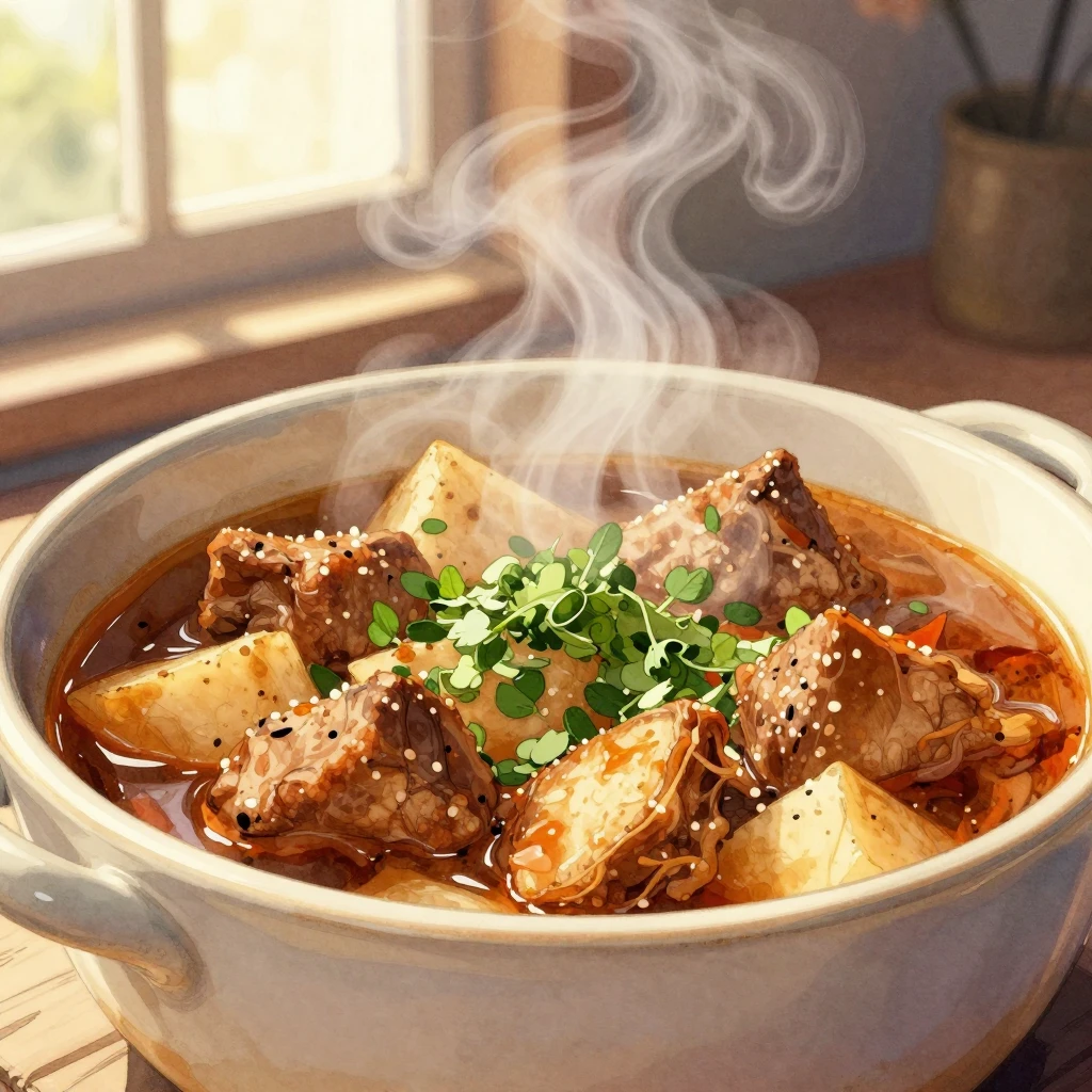 Watercolor style close up of steaming hearty homemade food i...