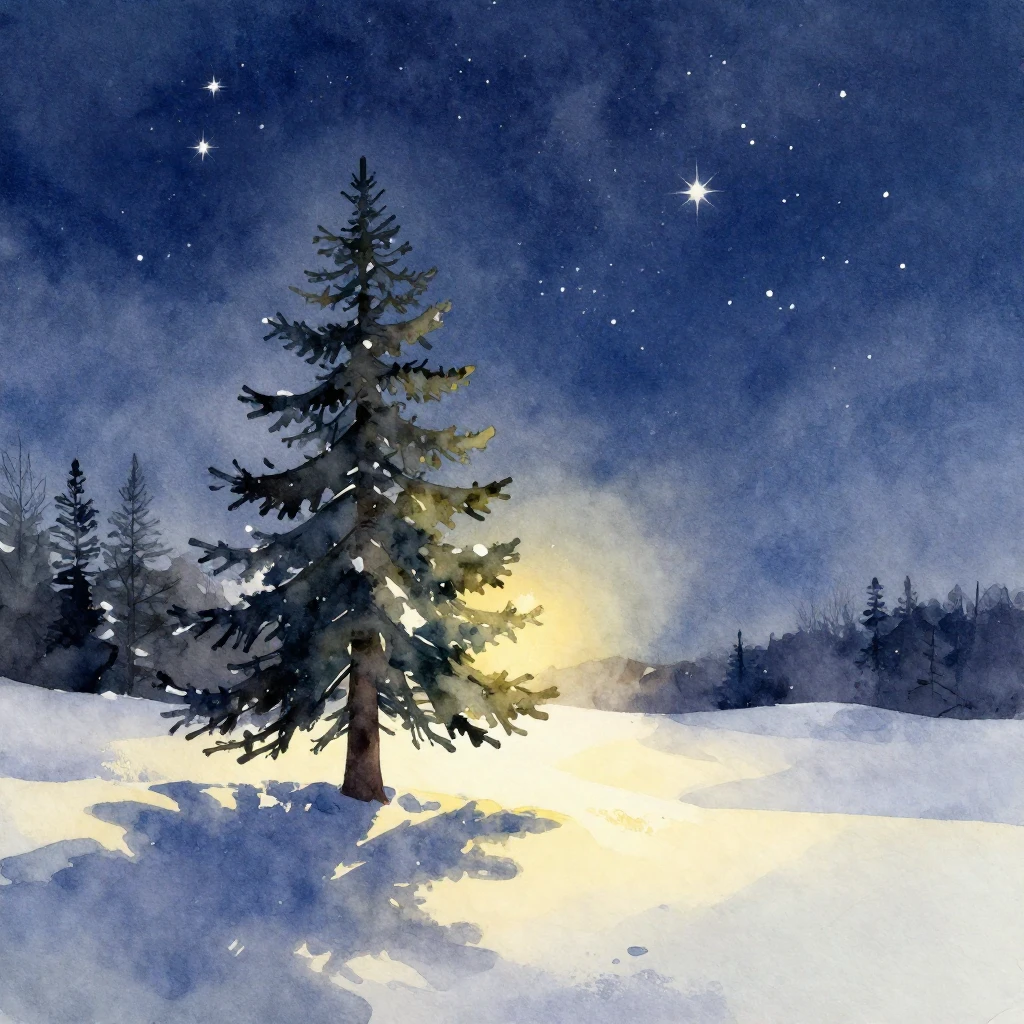A serene, melancholic winter landscape in vibrant watercolor...