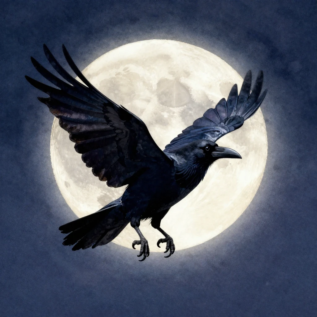 A sleek raven with outstretched wings, circling gracefully a...