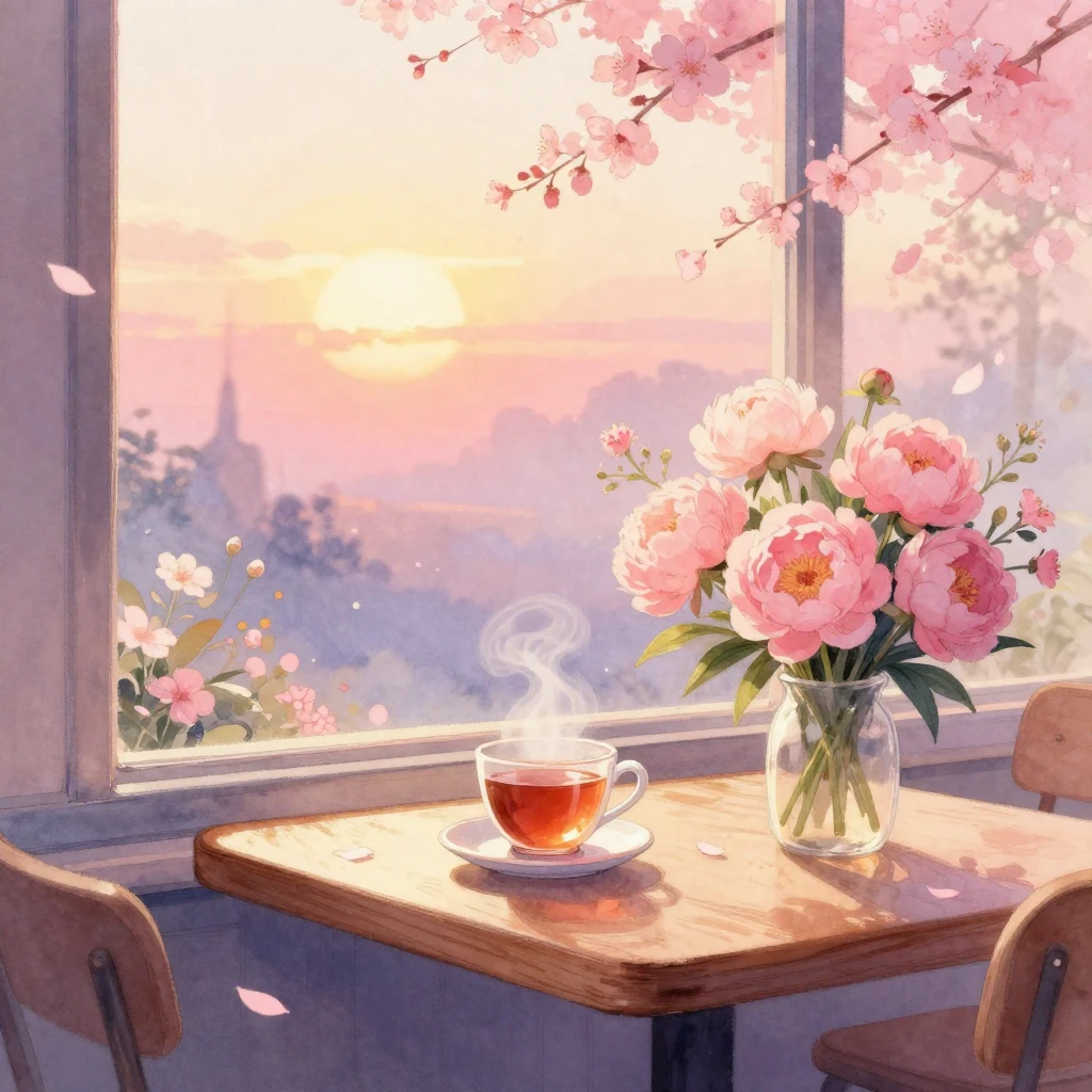 A dreamy watercolor illustration of a cozy cafe window view ...