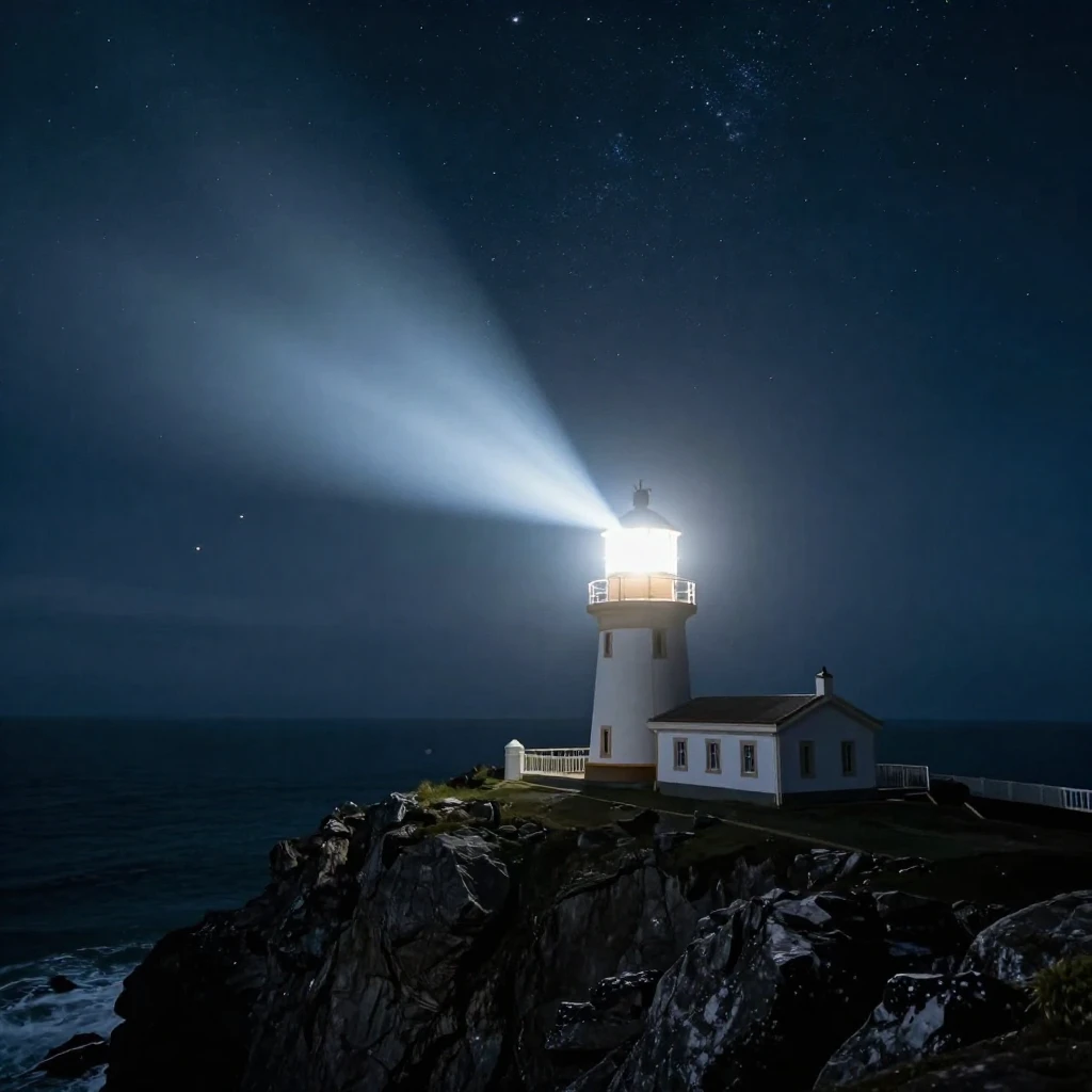 A bright lighthouse on a rugged cliff, its powerful beam cut...