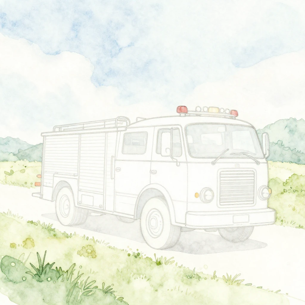 Watercolor style. A faint outline of a vintage fire truck in...