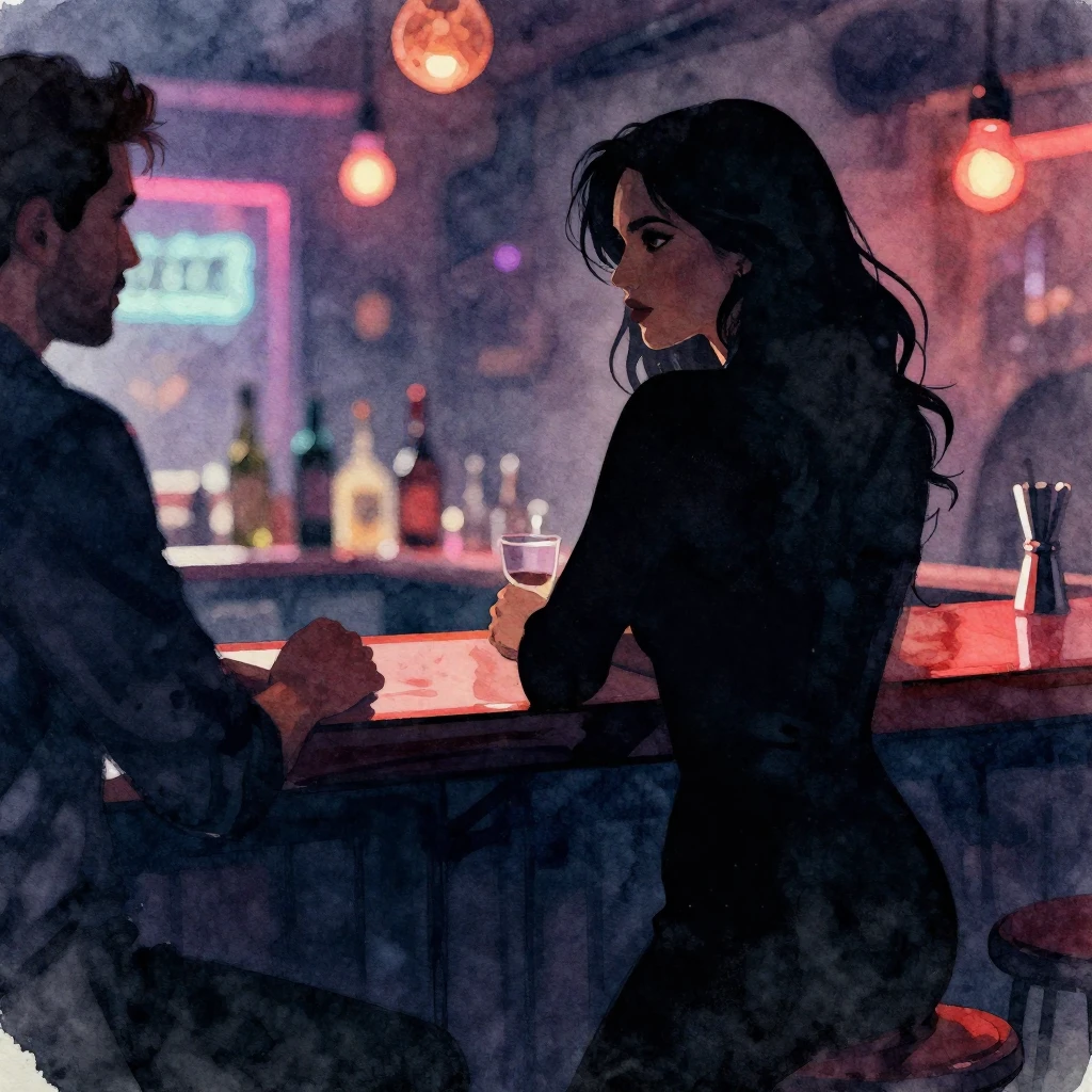A vibrant watercolor style image of a dark, moody bar scene....