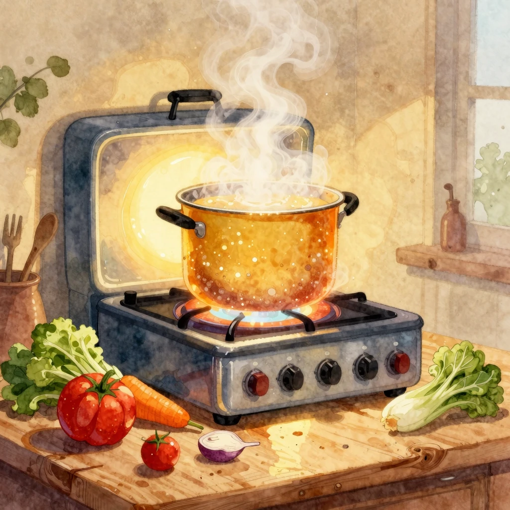 A whimsical still life of a glowing kitchen stove with a gia...