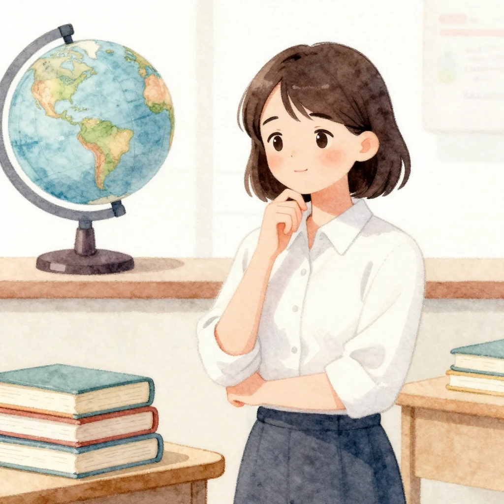 A tender, watercolor painting of a thoughtful female teacher...